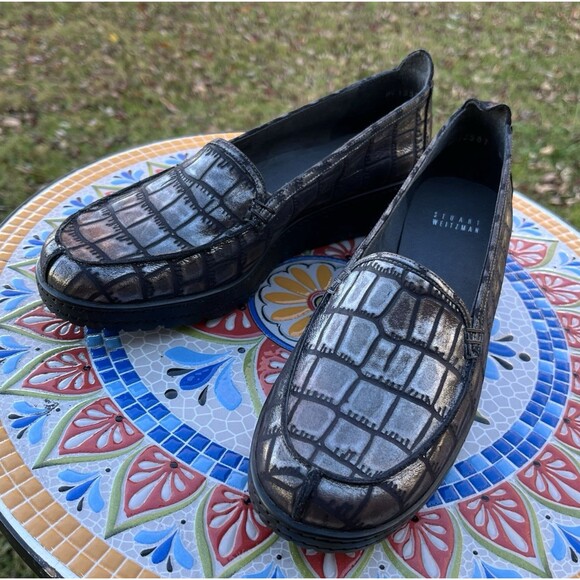 Stuart Weitzman Parker Lift Women's Sz 8.5 M Gray Metallic Croc Embossed Loafer - Picture 1 of 9
